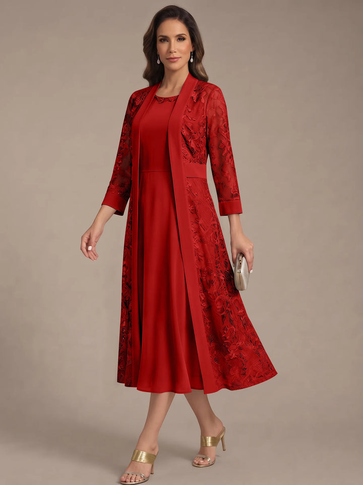 A-Line/Princess Scoop Chiffon Mother of the Bride Dresses with Lace Jacket 3/4 Sleeves Tea-Length