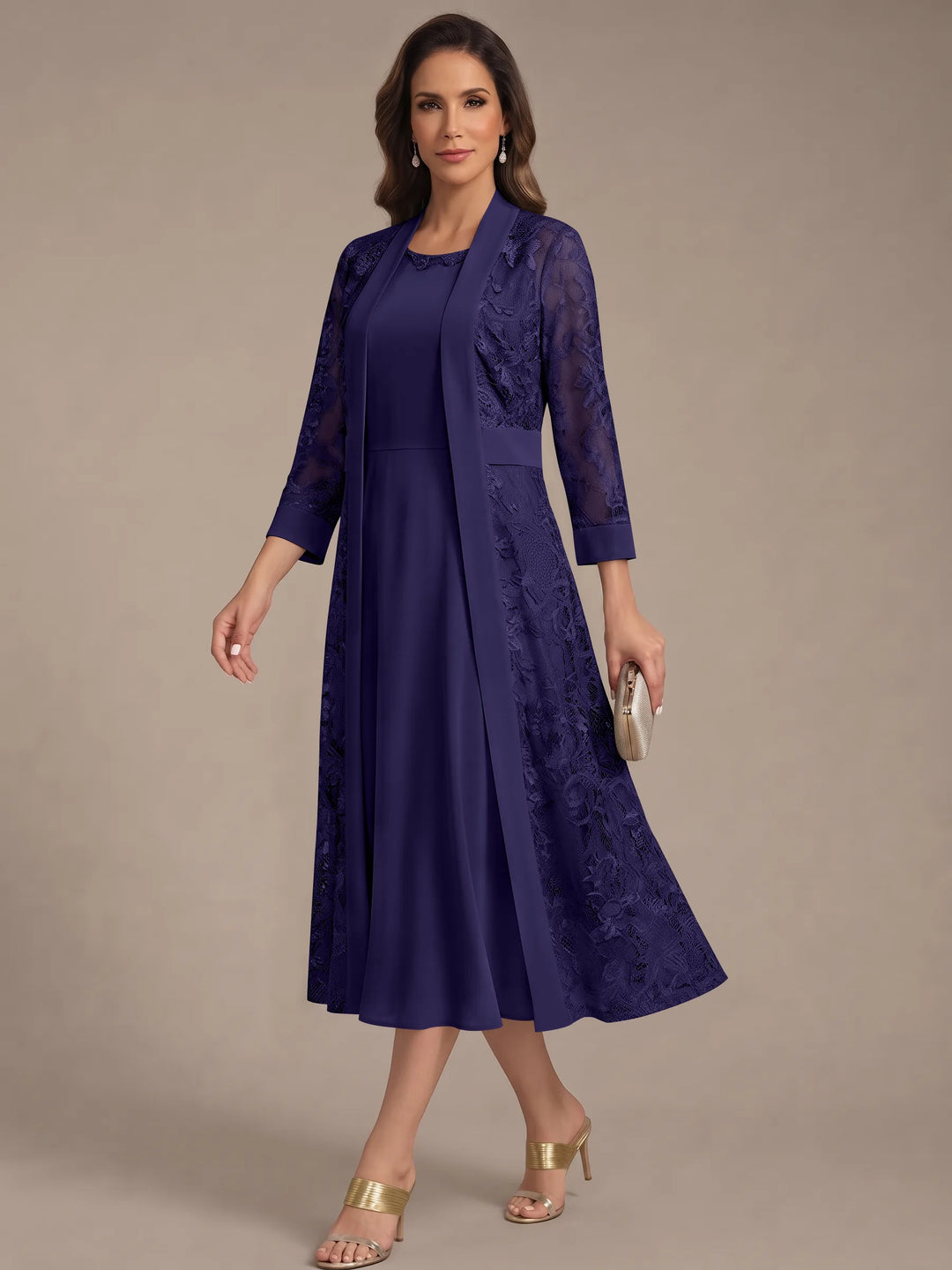 A-Line/Princess Scoop Chiffon Mother of the Bride Dresses with Lace Jacket 3/4 Sleeves Tea-Length