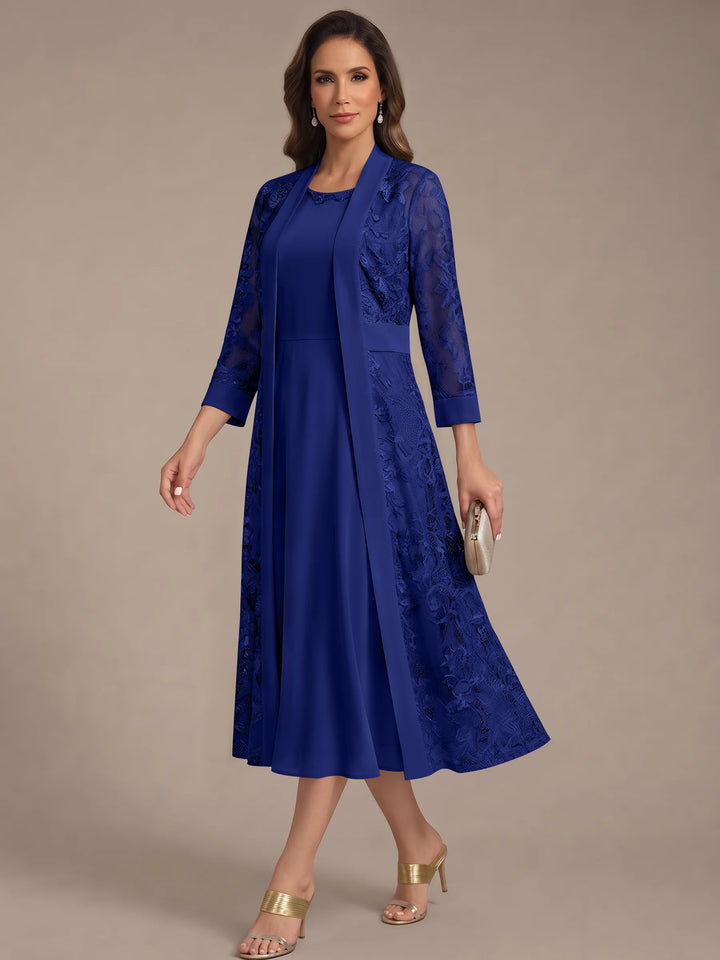 A-Line/Princess Scoop Chiffon Mother of the Bride Dresses with Lace Jacket 3/4 Sleeves Tea-Length