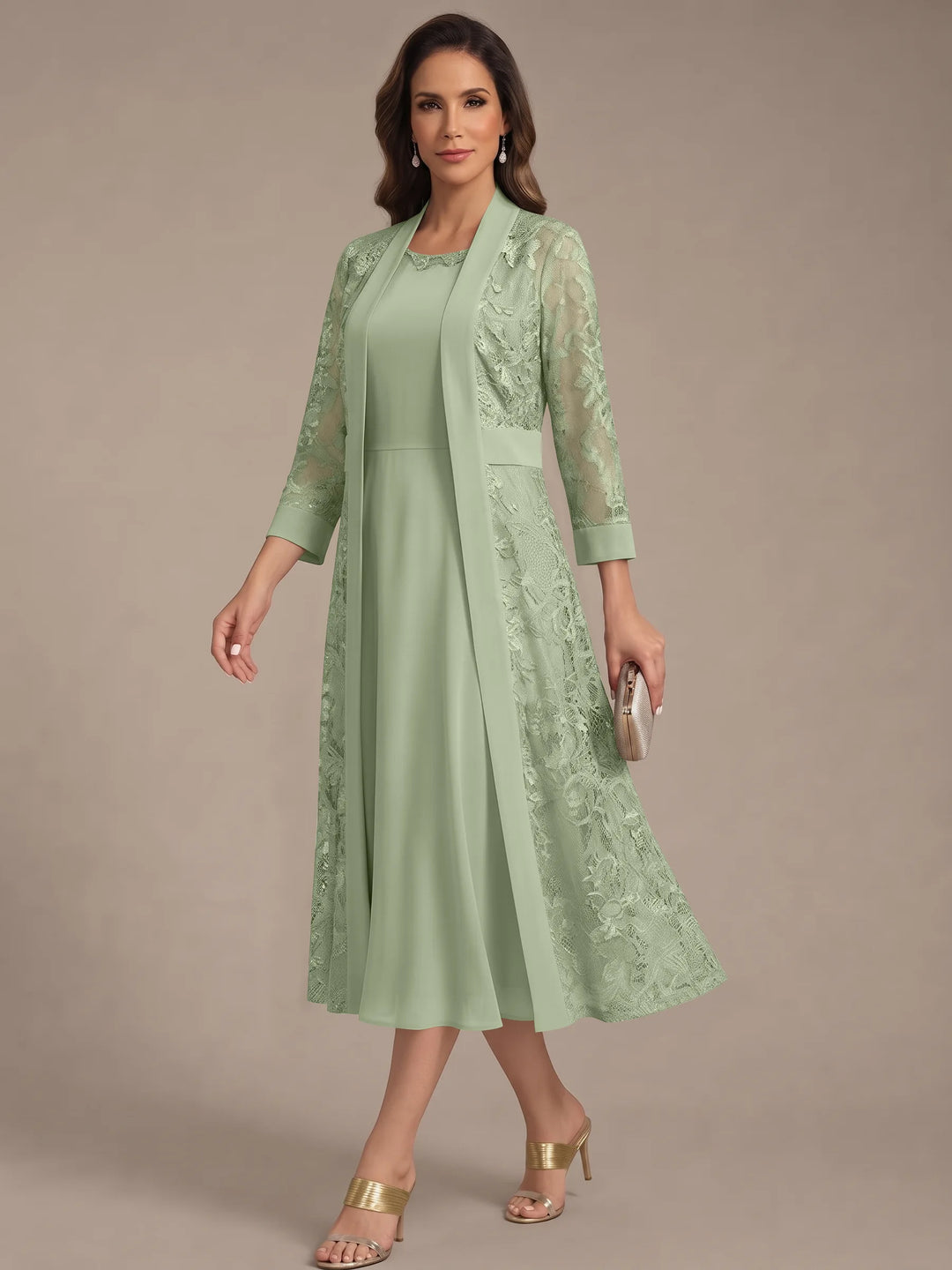 A-Line/Princess Scoop Chiffon Mother of the Bride Dresses with Lace Jacket 3/4 Sleeves Tea-Length