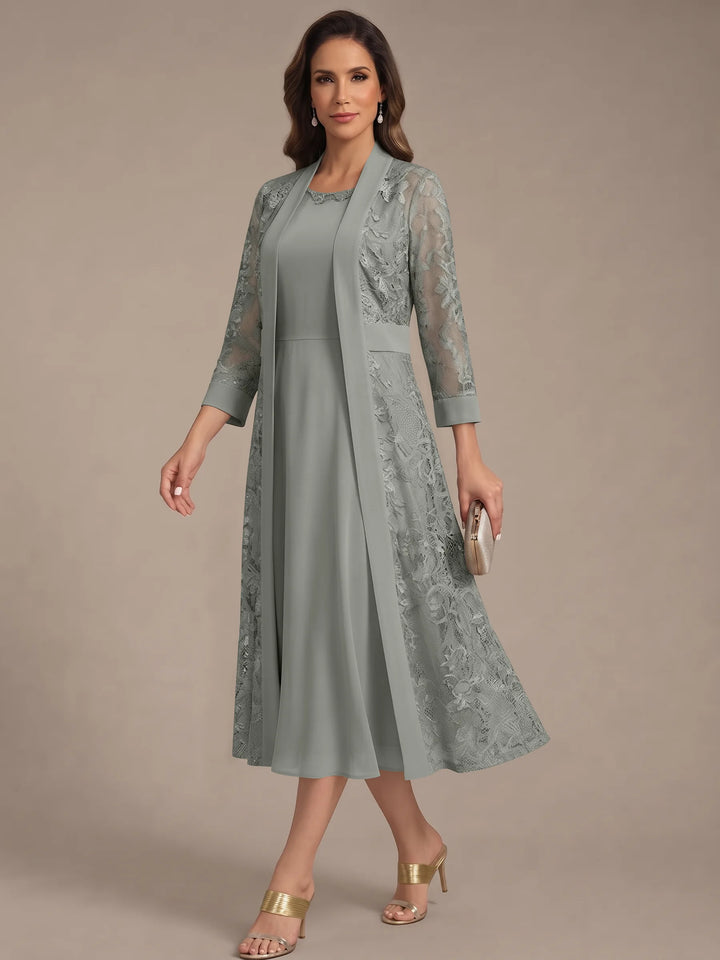 A-Line/Princess Scoop Chiffon Mother of the Bride Dresses with Lace Jacket 3/4 Sleeves Tea-Length