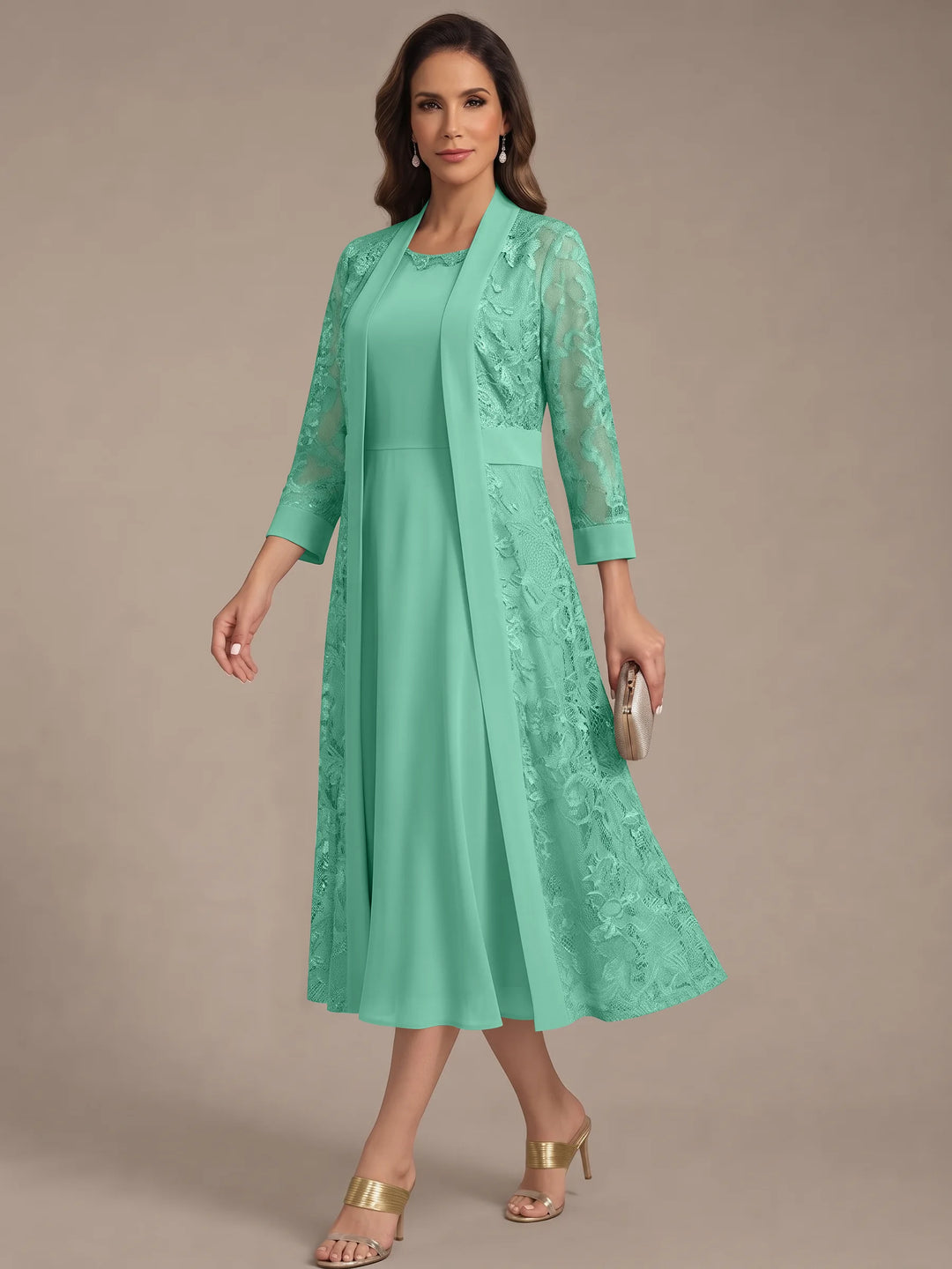 A-Line/Princess Scoop Chiffon Mother of the Bride Dresses with Lace Jacket 3/4 Sleeves Tea-Length