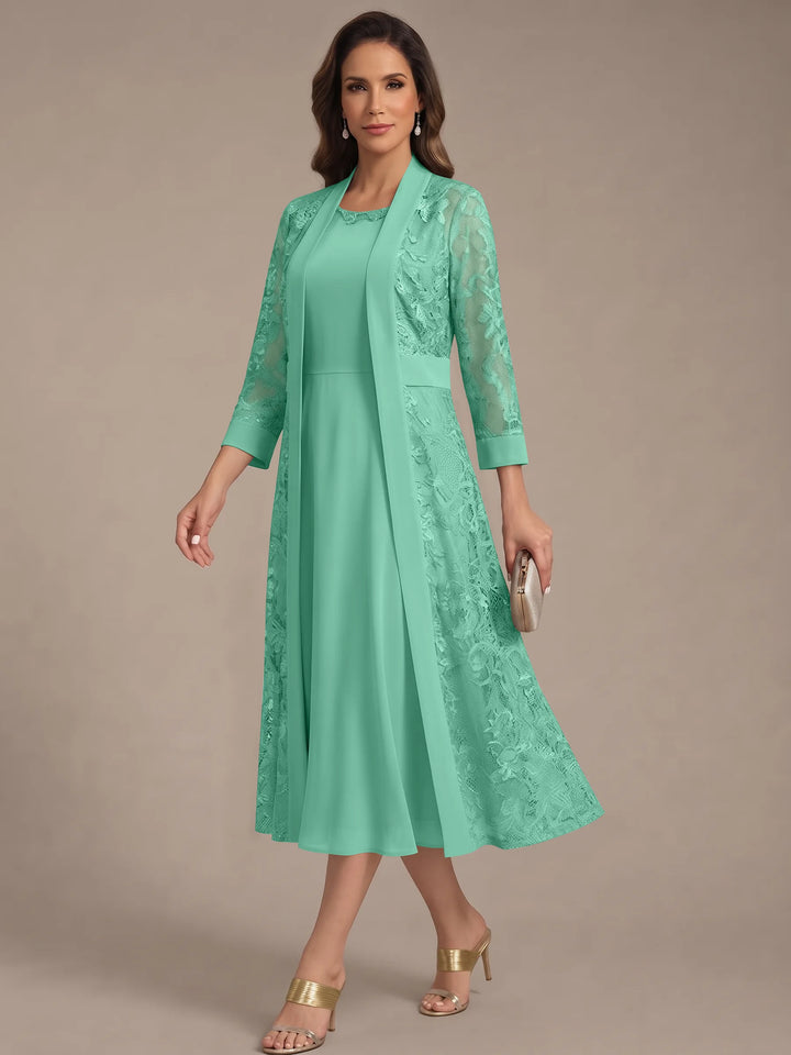 A-Line/Princess Scoop Chiffon Mother of the Bride Dresses with Lace Jacket 3/4 Sleeves Tea-Length