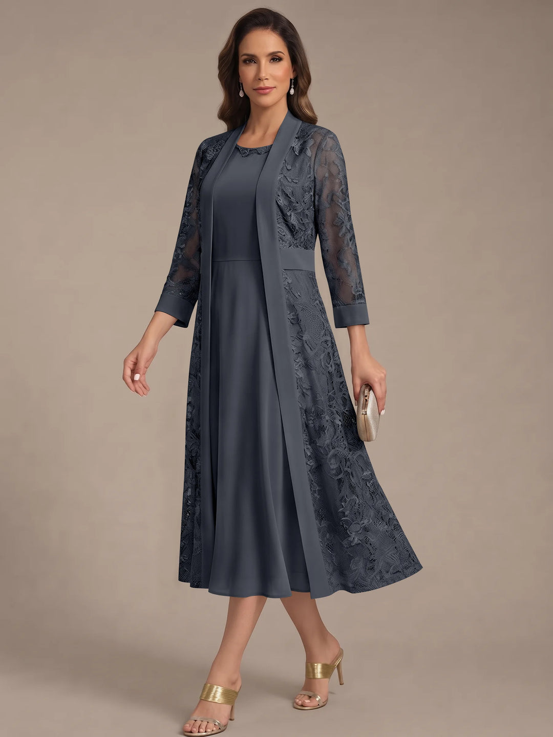 A-Line/Princess Scoop Chiffon Mother of the Bride Dresses with Lace Jacket 3/4 Sleeves Tea-Length
