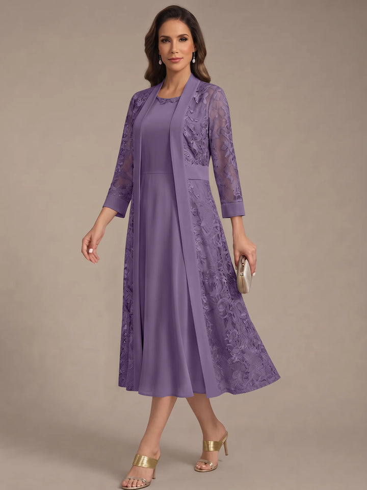 A-Line/Princess Scoop Chiffon Mother of the Bride Dresses with Lace Jacket 3/4 Sleeves Tea-Length
