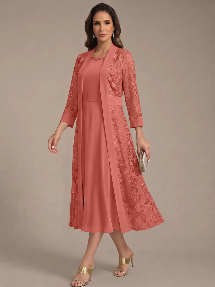 A-Line/Princess Scoop Chiffon Mother of the Bride Dresses with Lace Jacket 3/4 Sleeves Tea-Length