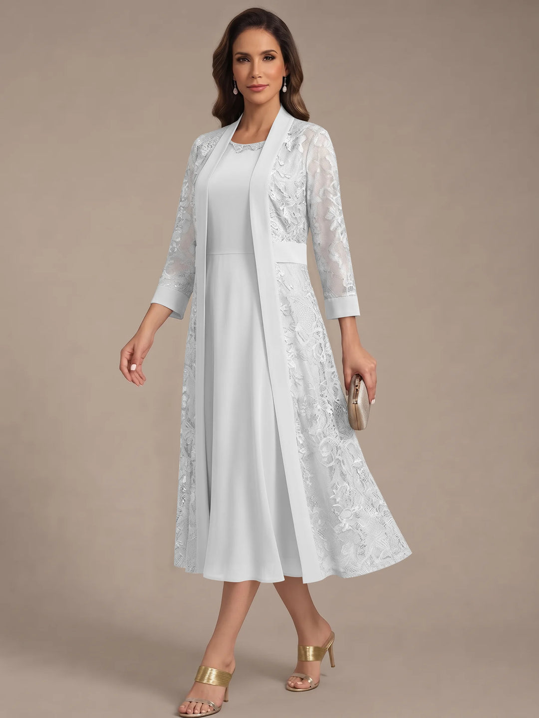 A-Line/Princess Scoop Chiffon Mother of the Bride Dresses with Lace Jacket 3/4 Sleeves Tea-Length