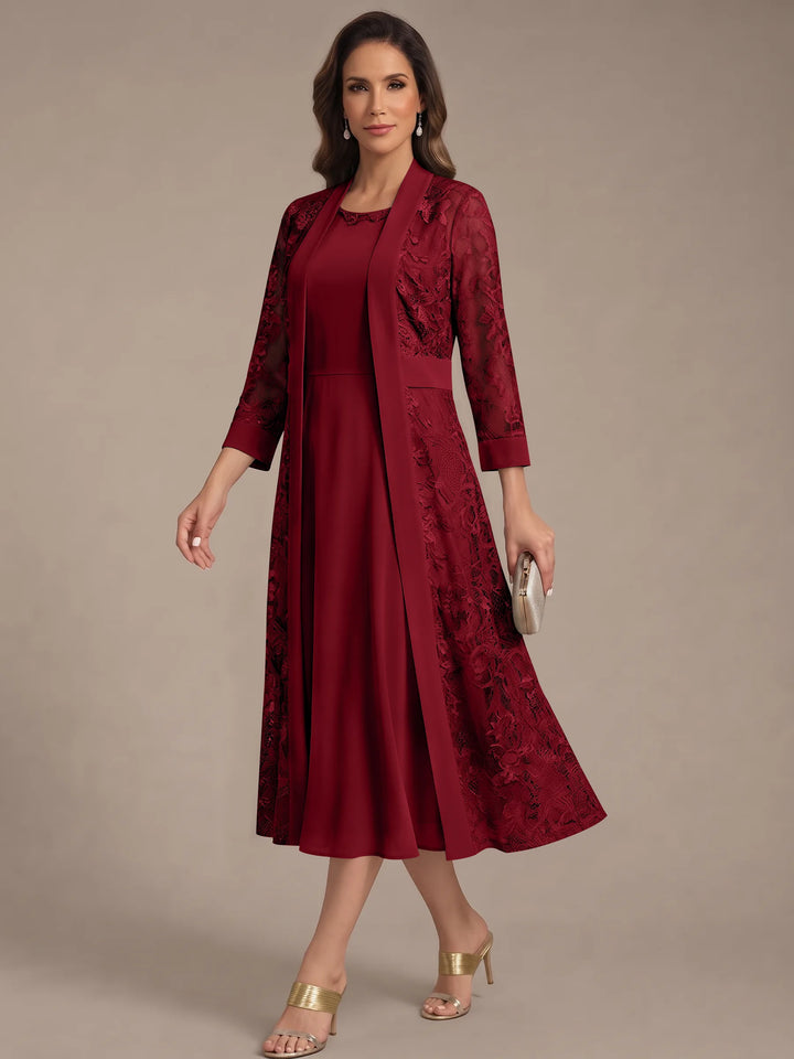 A-Line/Princess Scoop Chiffon Mother of the Bride Dresses with Lace Jacket 3/4 Sleeves Tea-Length