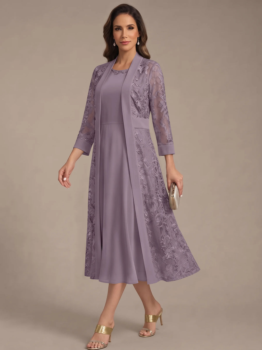 A-Line/Princess Scoop Chiffon Mother of the Bride Dresses with Lace Jacket 3/4 Sleeves Tea-Length