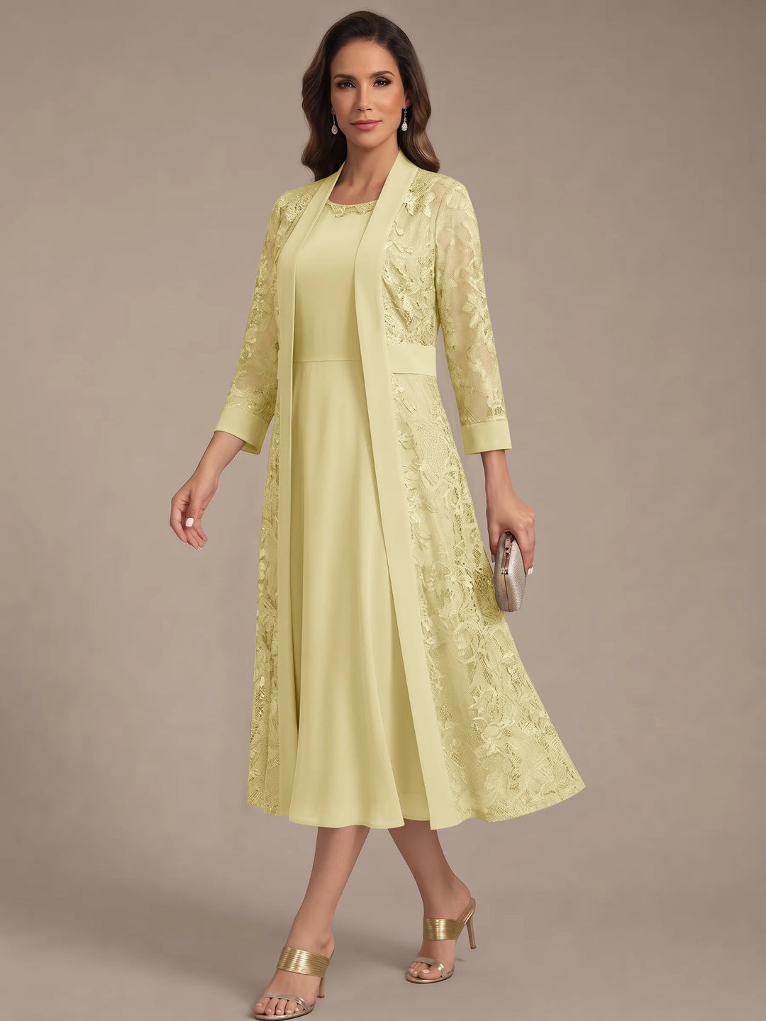 A-Line/Princess Scoop Chiffon Mother of the Bride Dresses with Lace Jacket 3/4 Sleeves Tea-Length