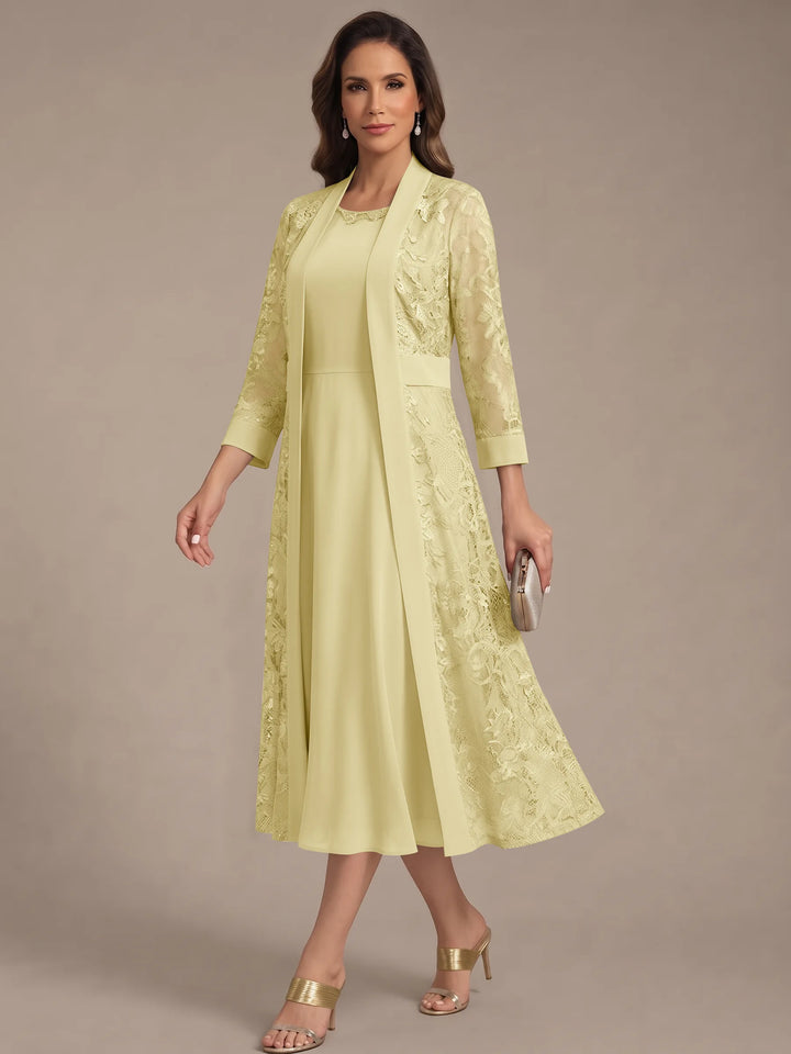 A-Line/Princess Scoop Chiffon Mother of the Bride Dresses with Lace Jacket 3/4 Sleeves Tea-Length