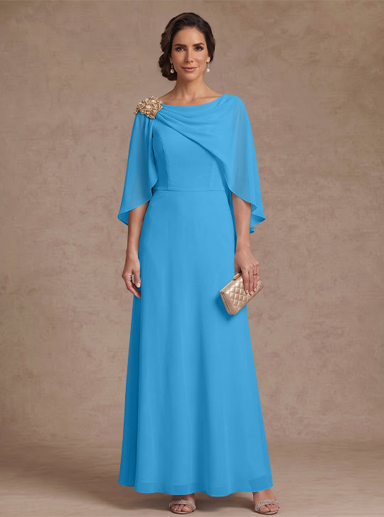 A-Line/Princess Boat Neck Chiffon Mother of the Bride Dresses Cape Sleeves Ankle-Length Rhinestone