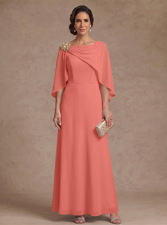 A-Line/Princess Boat Neck Chiffon Mother of the Bride Dresses Cape Sleeves Ankle-Length Rhinestone