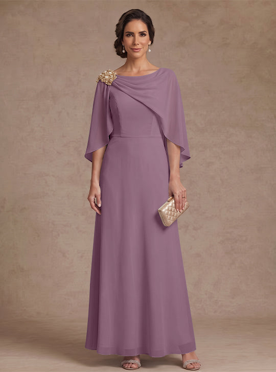 A-Line/Princess Boat Neck Chiffon Mother of the Bride Dresses Cape Sleeves Ankle-Length Rhinestone