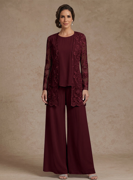 3 Pieces Chiffon Scoop Mother of the Bride Pantsuits with Jacket Lace Floral Ankle-Length Long Sleeves