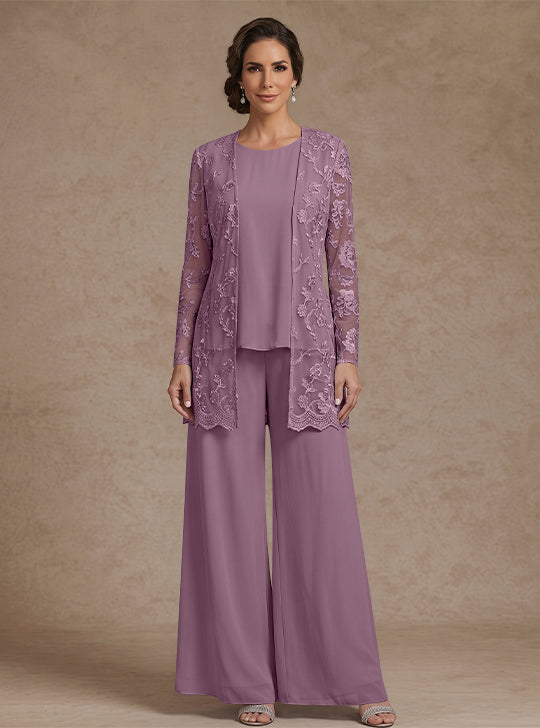 3 Pieces Chiffon Scoop Mother of the Bride Pantsuits with Jacket Lace Floral Ankle-Length Long Sleeves