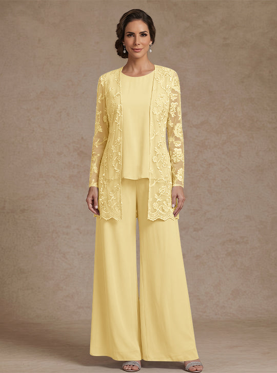 3 Pieces Chiffon Scoop Mother of the Bride Pantsuits with Jacket Lace Floral Ankle-Length Long Sleeves