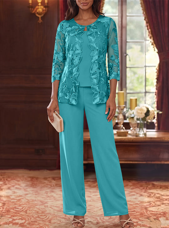 3 Pieces Chiffon Scoop Mother of the Bride Pantsuits with Lace Floral Jacket Ankle-Length 3/4 Sleeves