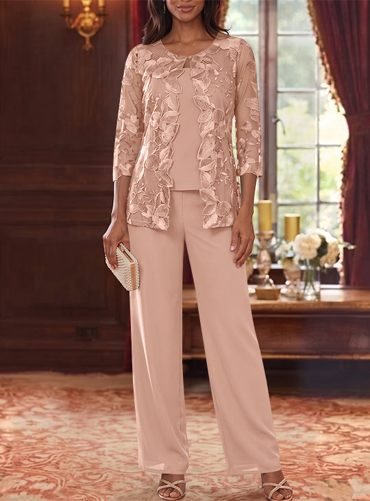 3 Pieces Chiffon Scoop Mother of the Bride Pantsuits with Lace Floral Jacket Ankle-Length 3/4 Sleeves