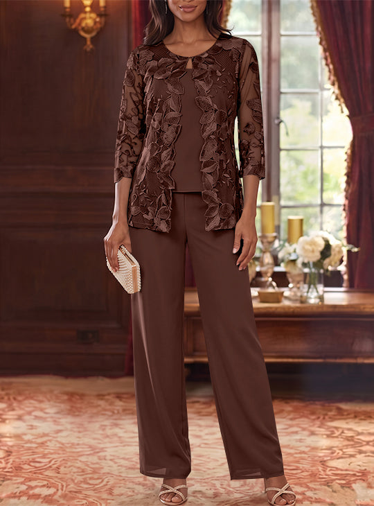 3 Pieces Chiffon Scoop Mother of the Bride Pantsuits with Lace Floral Jacket Ankle-Length 3/4 Sleeves
