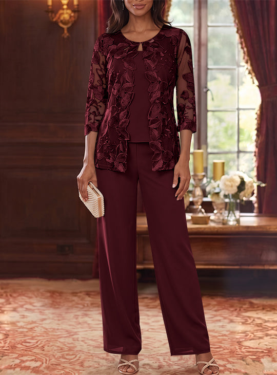 3 Pieces Chiffon Scoop Mother of the Bride Pantsuits with Lace Floral Jacket Ankle-Length 3/4 Sleeves