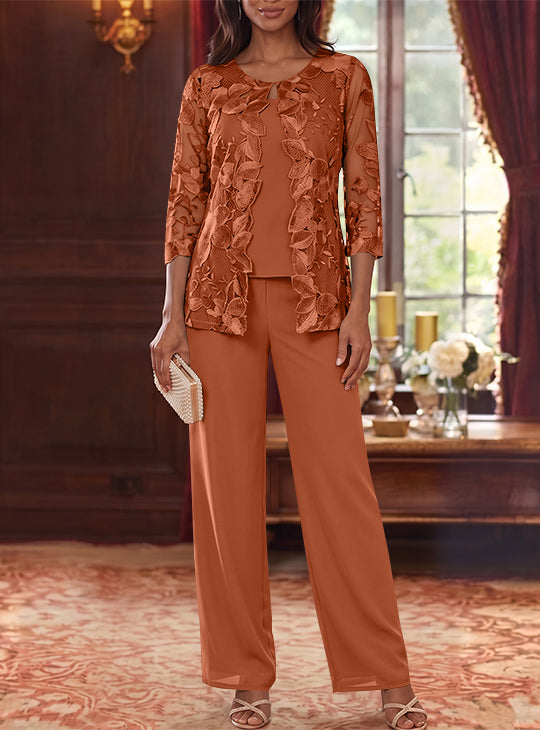 3 Pieces Chiffon Scoop Mother of the Bride Pantsuits with Lace Floral Jacket Ankle-Length 3/4 Sleeves