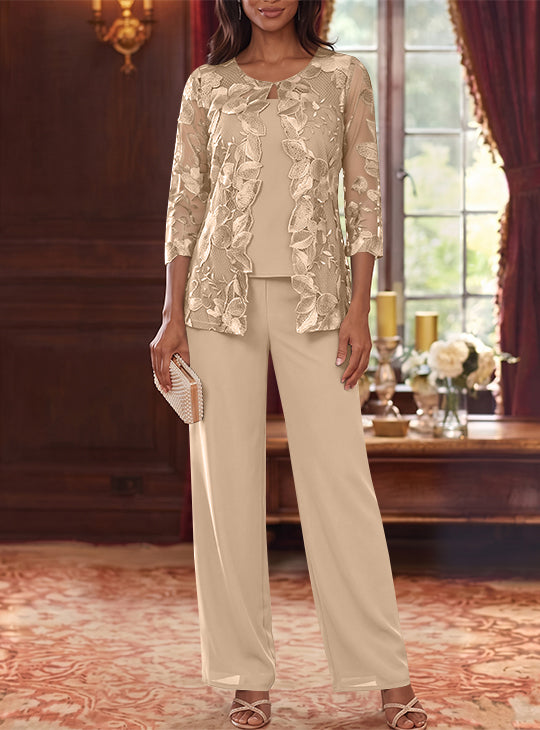 3 Pieces Chiffon Scoop Mother of the Bride Pantsuits with Lace Floral Jacket Ankle-Length 3/4 Sleeves