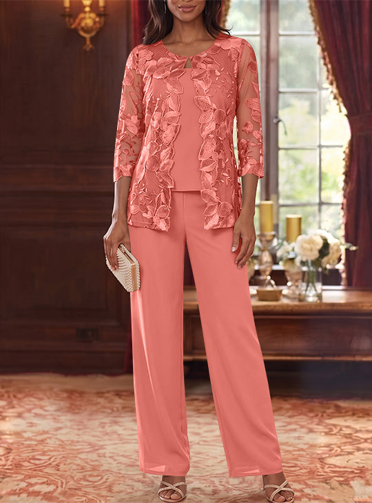 3 Pieces Chiffon Scoop Mother of the Bride Pantsuits with Lace Floral Jacket Ankle-Length 3/4 Sleeves