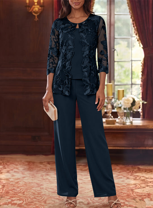 3 Pieces Chiffon Scoop Mother of the Bride Pantsuits with Lace Floral Jacket Ankle-Length 3/4 Sleeves