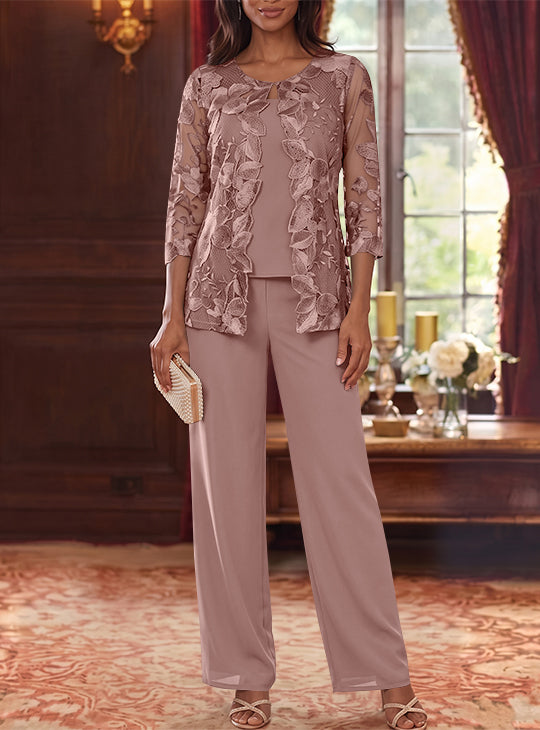 3 Pieces Chiffon Scoop Mother of the Bride Pantsuits with Lace Floral Jacket Ankle-Length 3/4 Sleeves