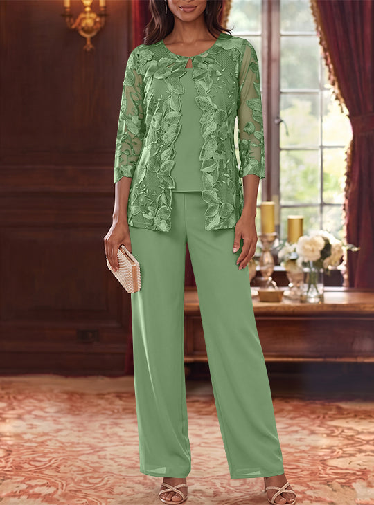 3 Pieces Chiffon Scoop Mother of the Bride Pantsuits with Lace Floral Jacket Ankle-Length 3/4 Sleeves