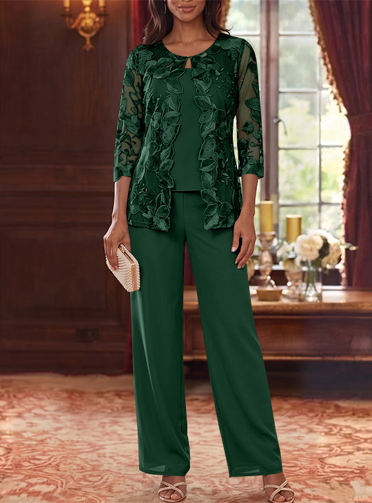 3 Pieces Chiffon Scoop Mother of the Bride Pantsuits with Lace Floral Jacket Ankle-Length 3/4 Sleeves