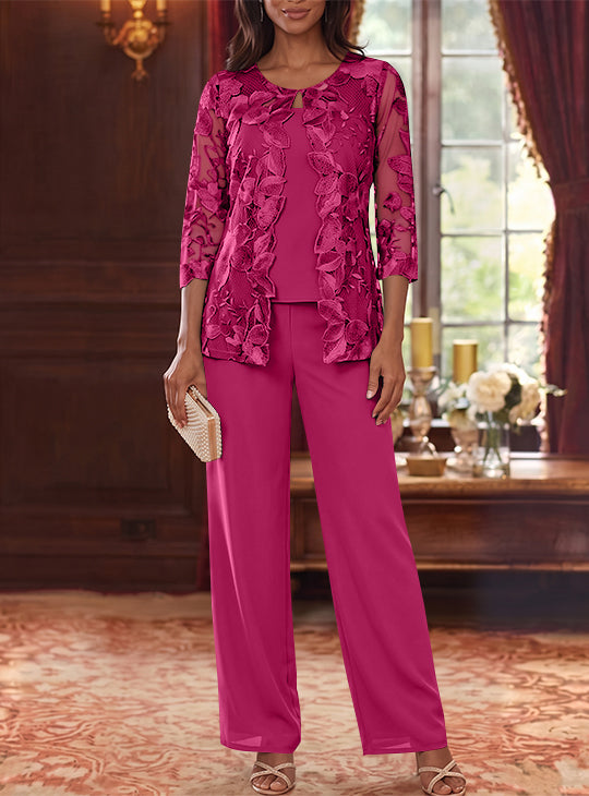 3 Pieces Chiffon Scoop Mother of the Bride Pantsuits with Lace Floral Jacket Ankle-Length 3/4 Sleeves
