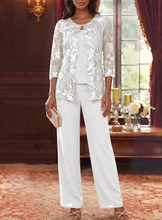 3 Pieces Chiffon Scoop Mother of the Bride Pantsuits with Lace Floral Jacket Ankle-Length 3/4 Sleeves