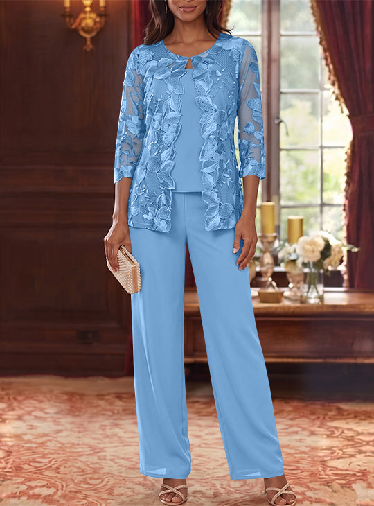 3 Pieces Chiffon Scoop Mother of the Bride Pantsuits with Lace Floral Jacket Ankle-Length 3/4 Sleeves