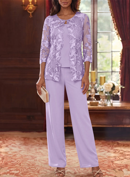 3 Pieces Chiffon Scoop Mother of the Bride Pantsuits with Lace Floral Jacket Ankle-Length 3/4 Sleeves