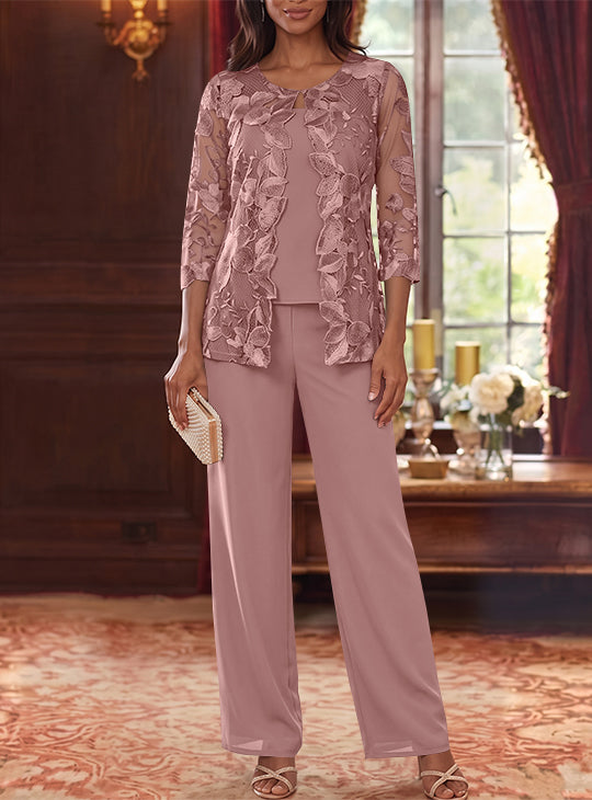3 Pieces Chiffon Scoop Mother of the Bride Pantsuits with Lace Floral Jacket Ankle-Length 3/4 Sleeves