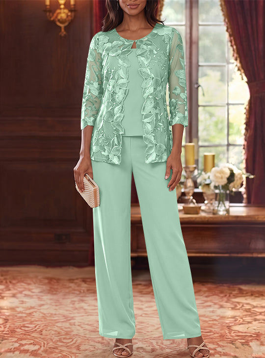 3 Pieces Chiffon Scoop Mother of the Bride Pantsuits with Lace Floral Jacket Ankle-Length 3/4 Sleeves