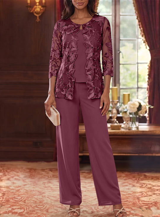 3 Pieces Chiffon Scoop Mother of the Bride Pantsuits with Lace Floral Jacket Ankle-Length 3/4 Sleeves