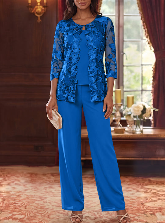 3 Pieces Chiffon Scoop Mother of the Bride Pantsuits with Lace Floral Jacket Ankle-Length 3/4 Sleeves