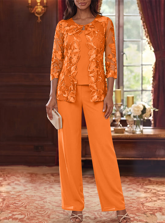 3 Pieces Chiffon Scoop Mother of the Bride Pantsuits with Lace Floral Jacket Ankle-Length 3/4 Sleeves
