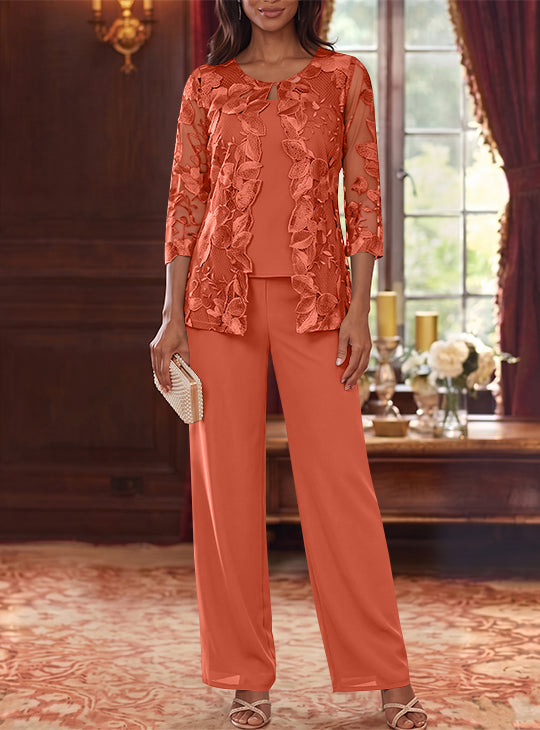3 Pieces Chiffon Scoop Mother of the Bride Pantsuits with Lace Floral Jacket Ankle-Length 3/4 Sleeves
