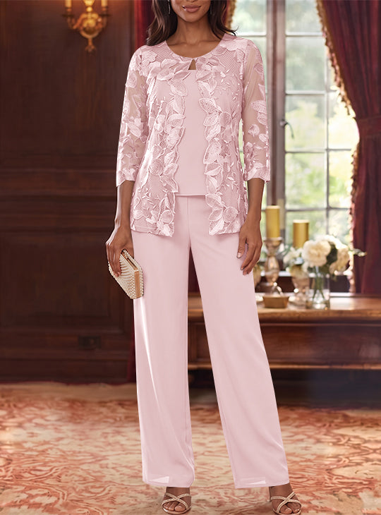 3 Pieces Chiffon Scoop Mother of the Bride Pantsuits with Lace Floral Jacket Ankle-Length 3/4 Sleeves