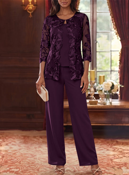 3 Pieces Chiffon Scoop Mother of the Bride Pantsuits with Lace Floral Jacket Ankle-Length 3/4 Sleeves
