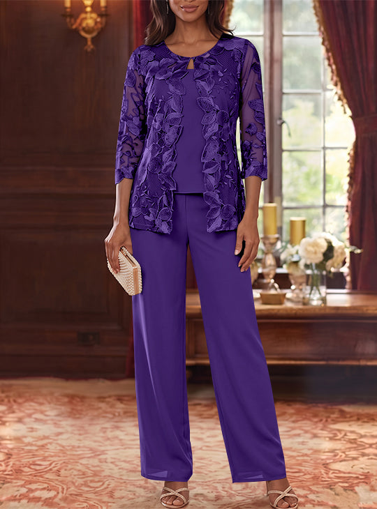 3 Pieces Chiffon Scoop Mother of the Bride Pantsuits with Lace Floral Jacket Ankle-Length 3/4 Sleeves