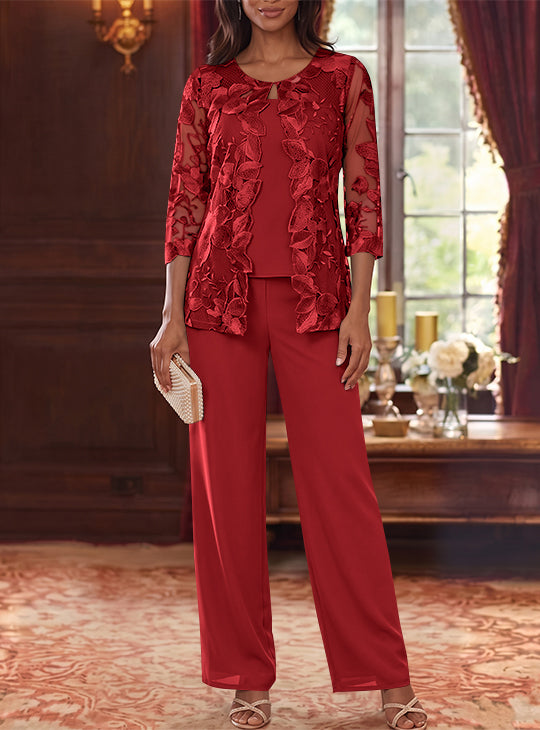 3 Pieces Chiffon Scoop Mother of the Bride Pantsuits with Lace Floral Jacket Ankle-Length 3/4 Sleeves