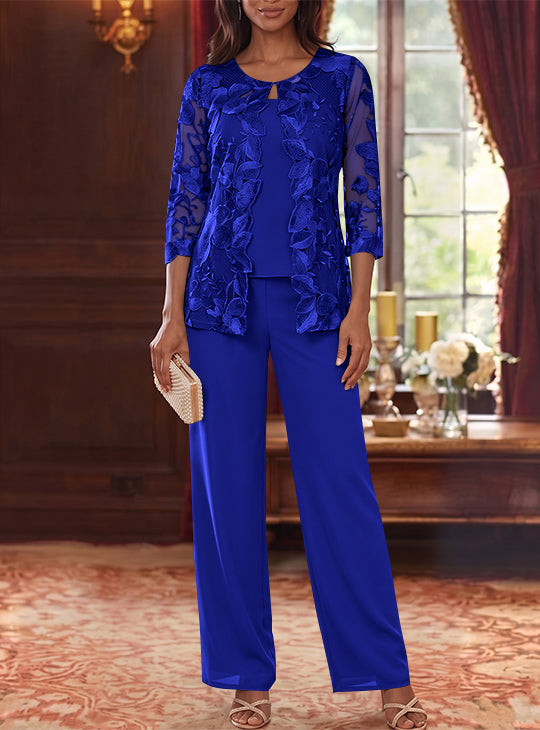 3 Pieces Chiffon Scoop Mother of the Bride Pantsuits with Lace Floral Jacket Ankle-Length 3/4 Sleeves