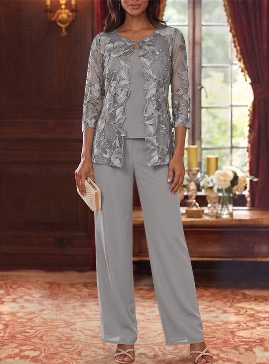 3 Pieces Chiffon Scoop Mother of the Bride Pantsuits with Lace Floral Jacket Ankle-Length 3/4 Sleeves