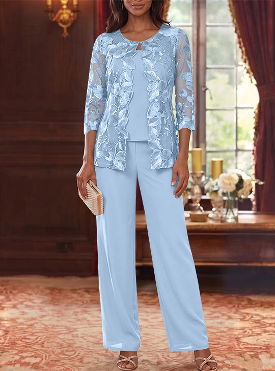 3 Pieces Chiffon Scoop Mother of the Bride Pantsuits with Lace Floral Jacket Ankle-Length 3/4 Sleeves
