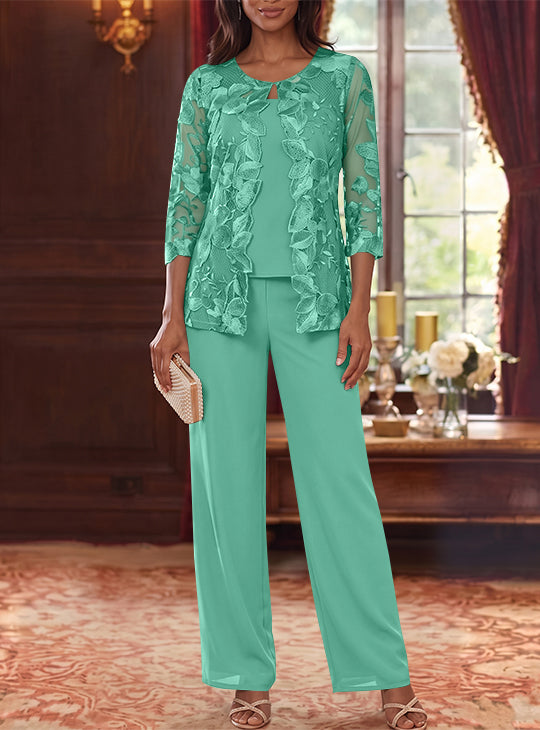 3 Pieces Chiffon Scoop Mother of the Bride Pantsuits with Lace Floral Jacket Ankle-Length 3/4 Sleeves